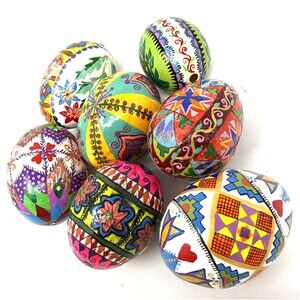 Ukrainian Pysanky Blown Easter Eggs Kistka Hand Dyed Painted Folk Art Lot of 7